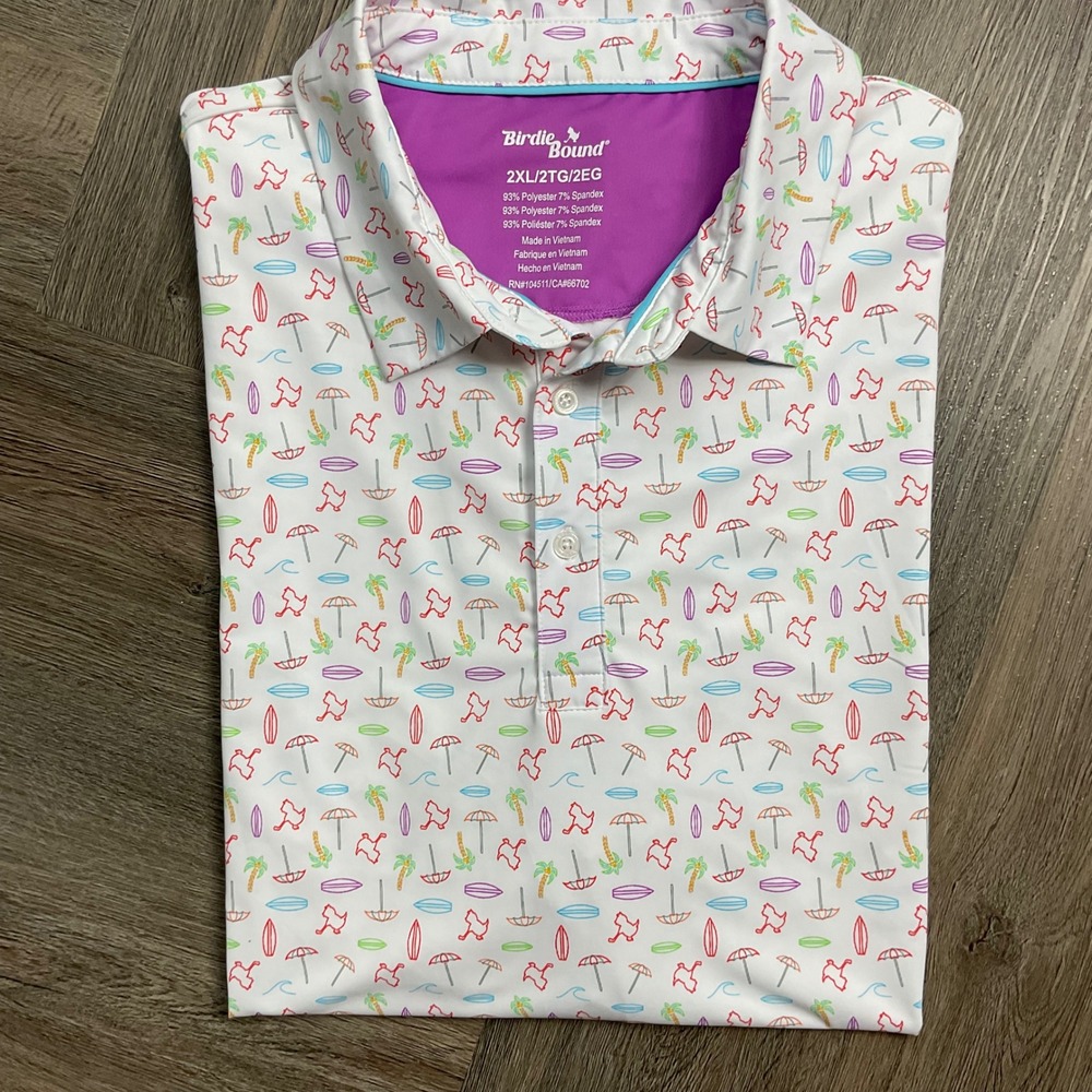 Birdie & Bound Duck Palm Tree Surfboard Print Golf Polo Shirt Mens 2XL White